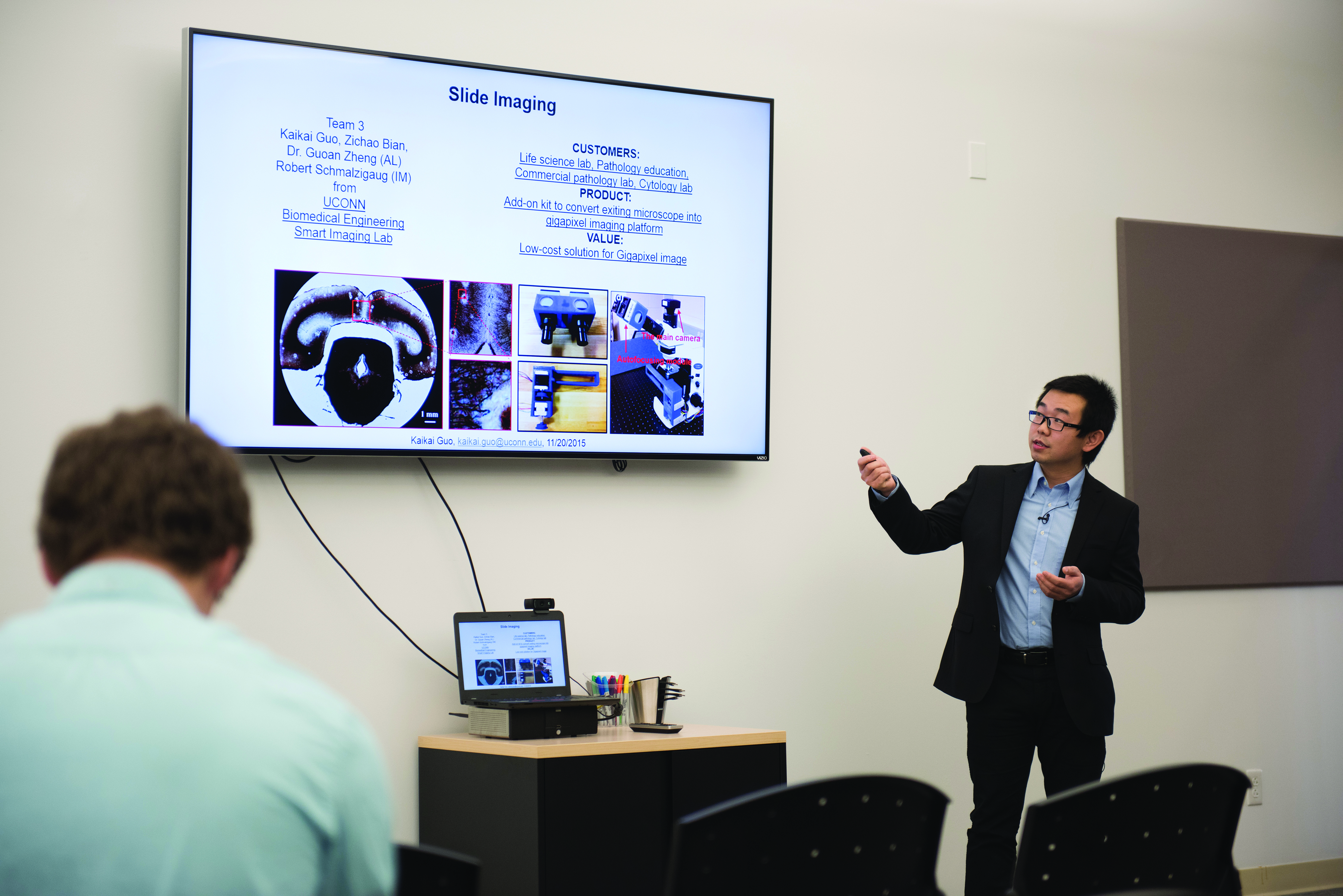 Kai Kai Guo, a Ph.D. candidate in biomedical engineering presents insights gained about the market for digital microscopy, and plans to bring his technology to market at the conclusion of Accelerate UConn.